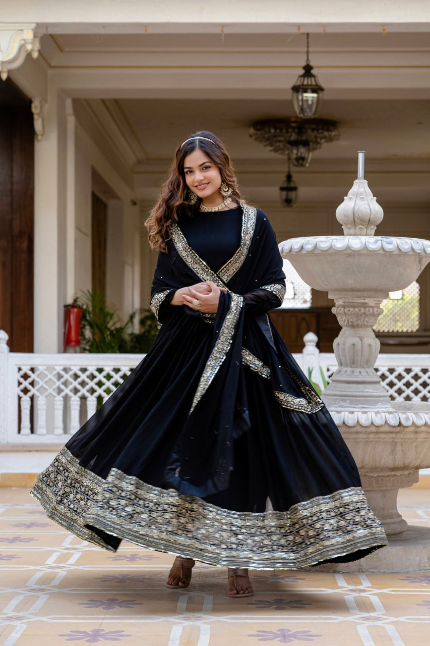 Wmenline Midnight Black Anarkali Gown Set with Zari Embroidered Dupatta