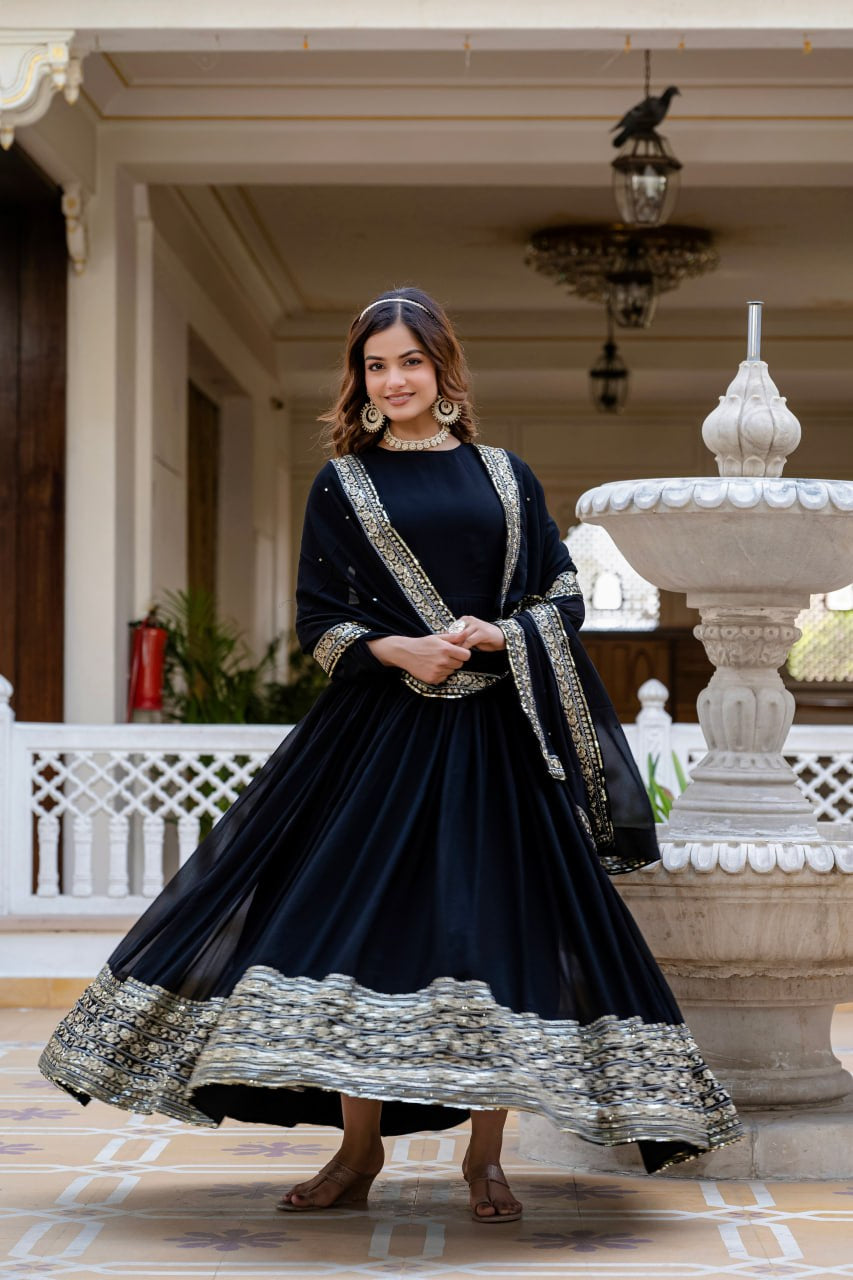 Wmenline Midnight Black Anarkali Gown Set with Zari Embroidered Dupatta