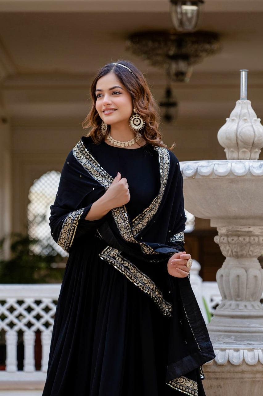 Wmenline Midnight Black Anarkali Gown Set with Zari Embroidered Dupatta