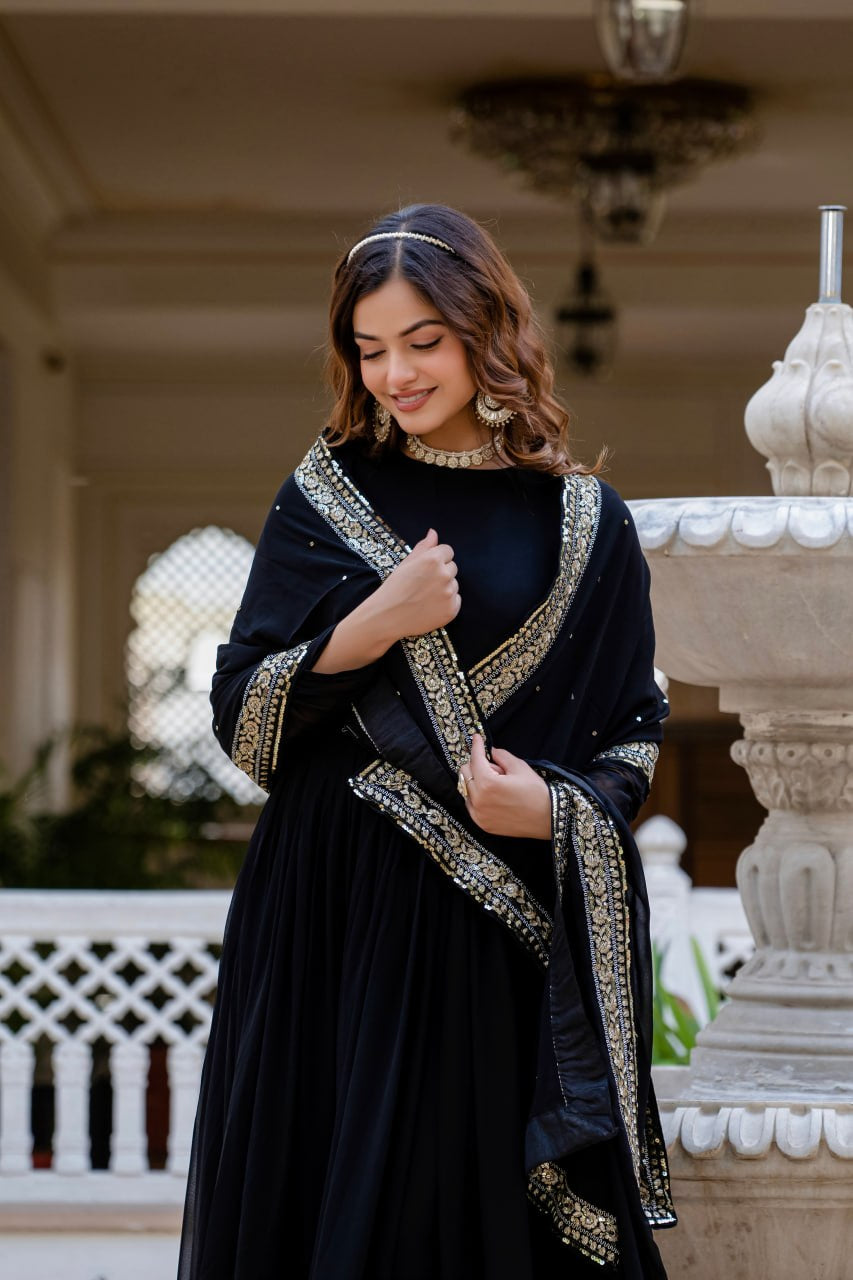 Wmenline Midnight Black Anarkali Gown Set with Zari Embroidered Dupatta
