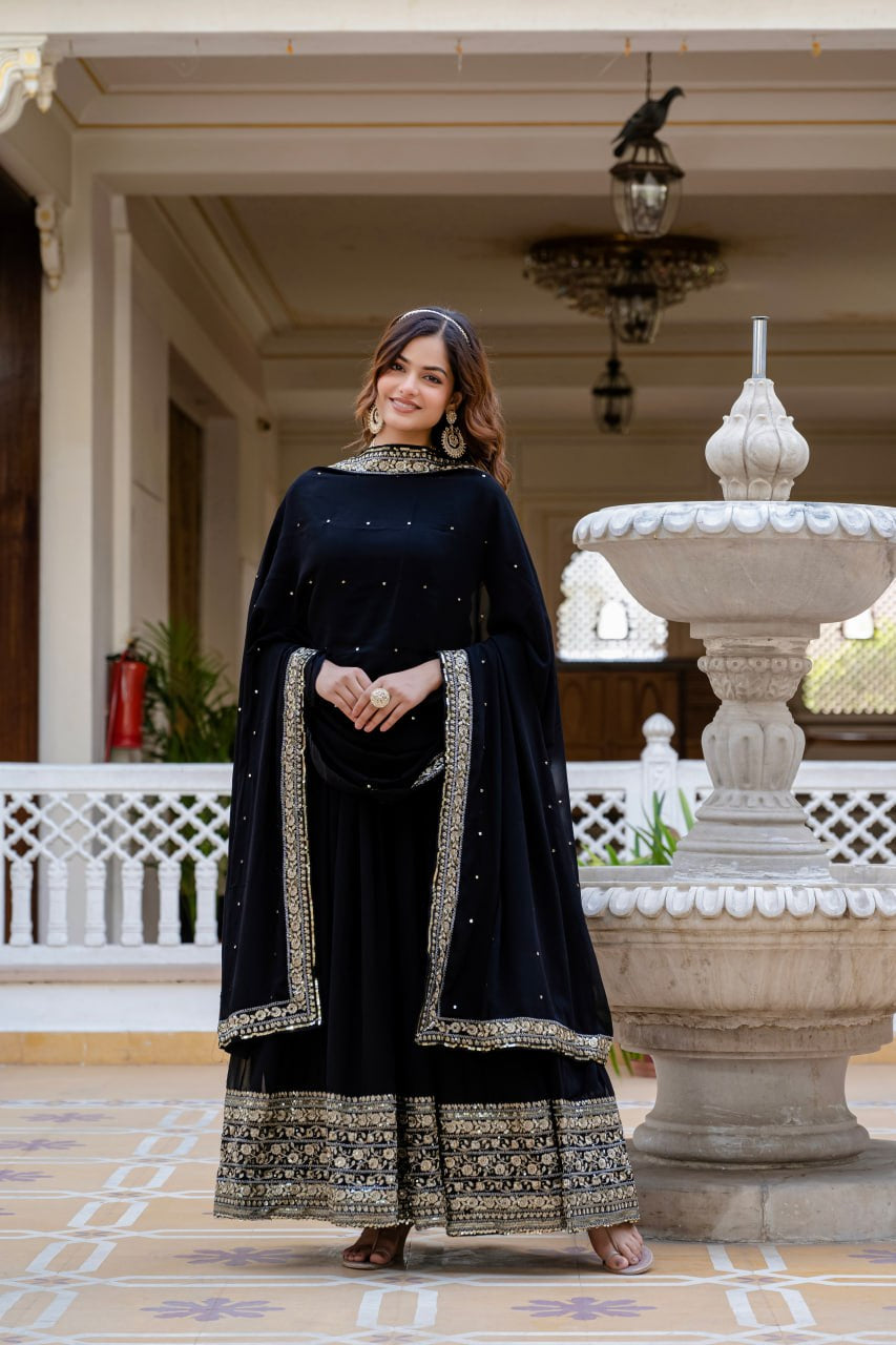 Wmenline Midnight Black Anarkali Gown Set with Zari Embroidered Dupatta