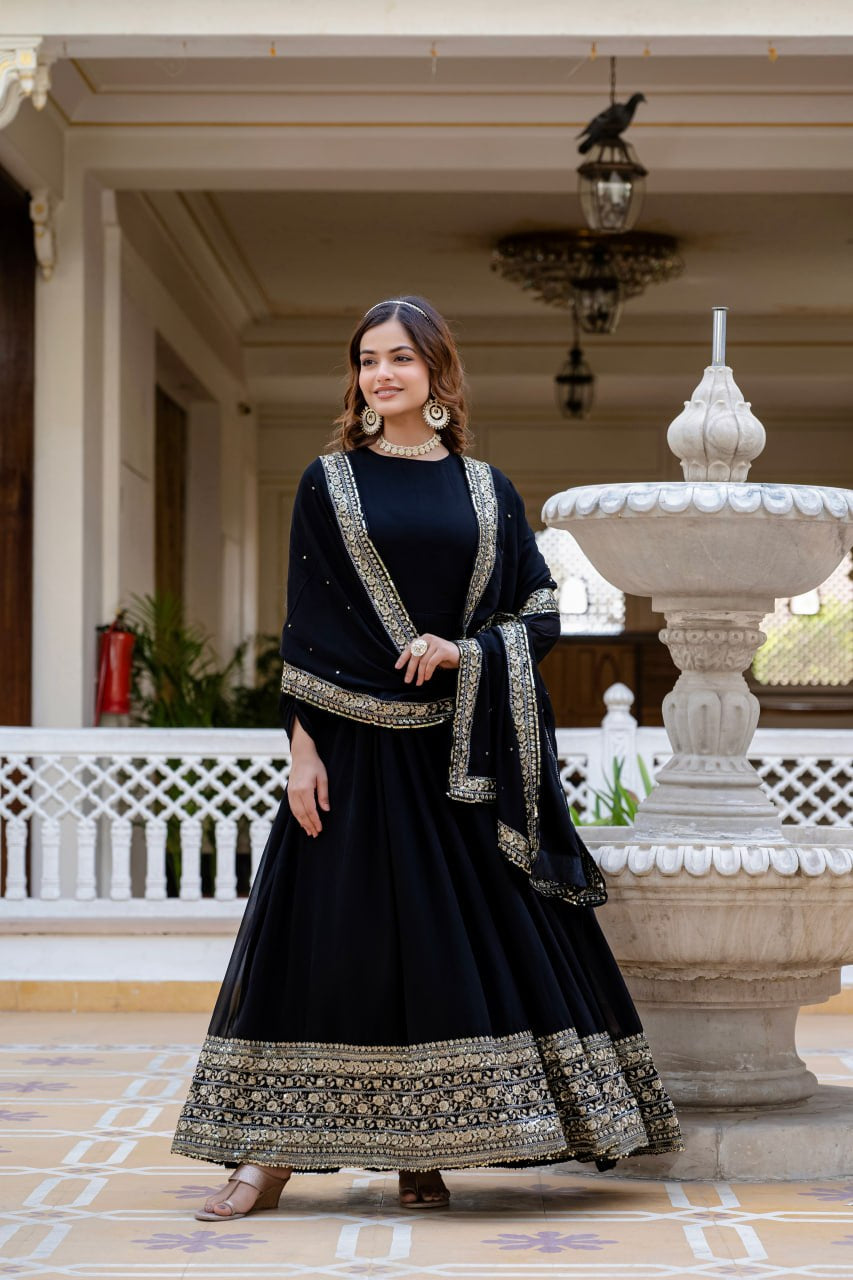 Wmenline Midnight Black Anarkali Gown Set with Zari Embroidered Dupatta