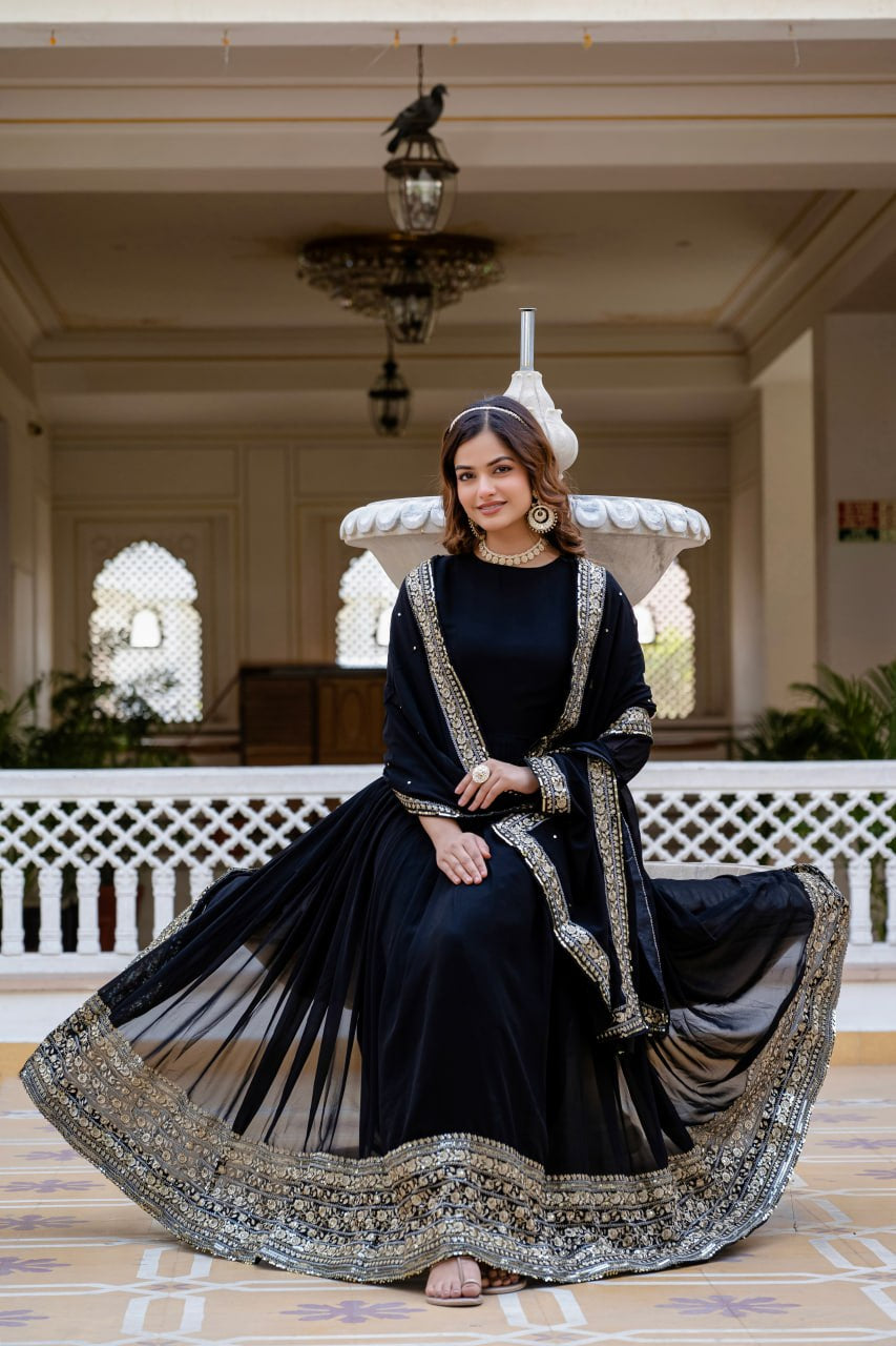 Wmenline Midnight Black Anarkali Gown Set with Zari Embroidered Dupatta