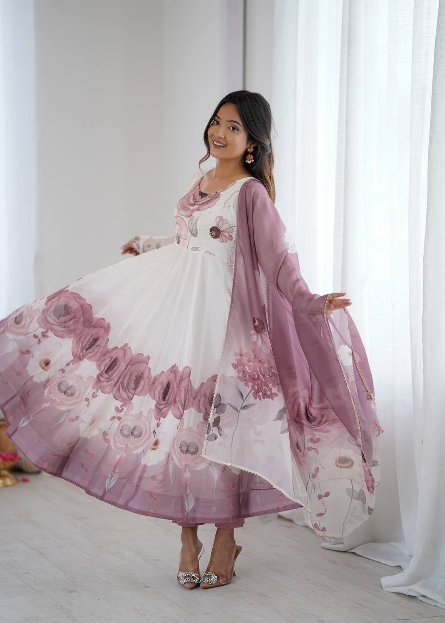 Womenline Onion Pink Color Floral Pure Soft Tebby Organza Three Piece Anarkali Suit