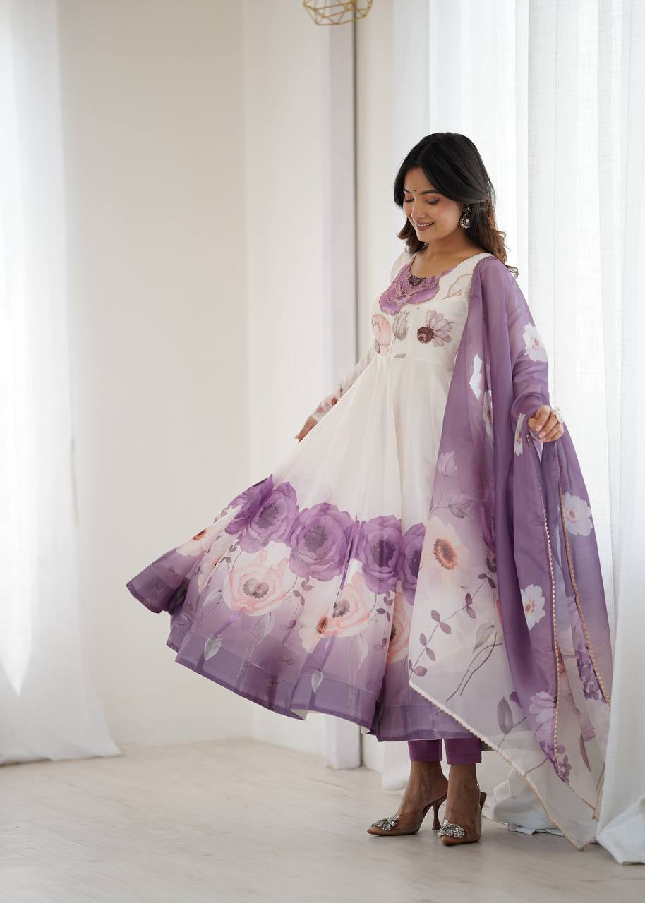 Womenline Violet Color Floral Pure Soft Tebby Organza Three Piece Anarkali Suit