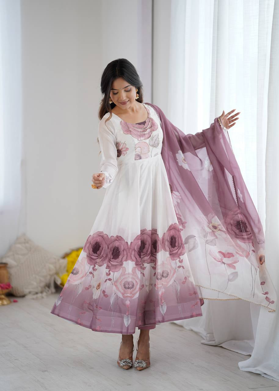 Womenline Onion Pink Color Floral Pure Soft Tebby Organza Three Piece Anarkali Suit