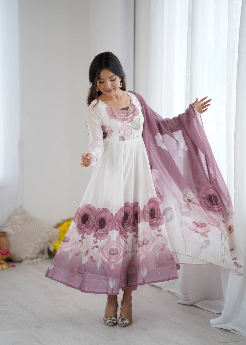 Womenline Onion Pink Color Floral Pure Soft Tebby Organza Three Piece Anarkali Suit
