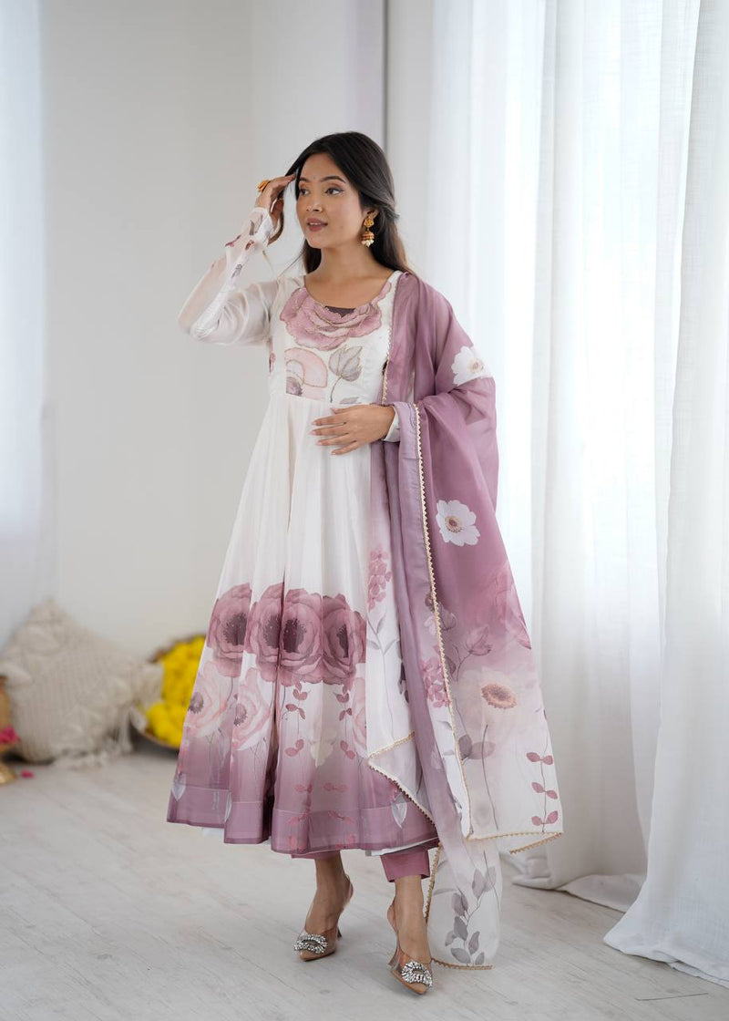 Womenline Onion Pink Color Floral Pure Soft Tebby Organza Three Piece Anarkali Suit