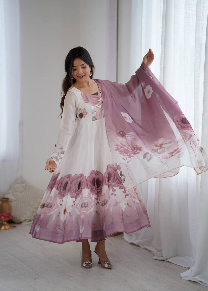 Womenline Onion Pink Color Floral Pure Soft Tebby Organza Three Piece Anarkali Suit