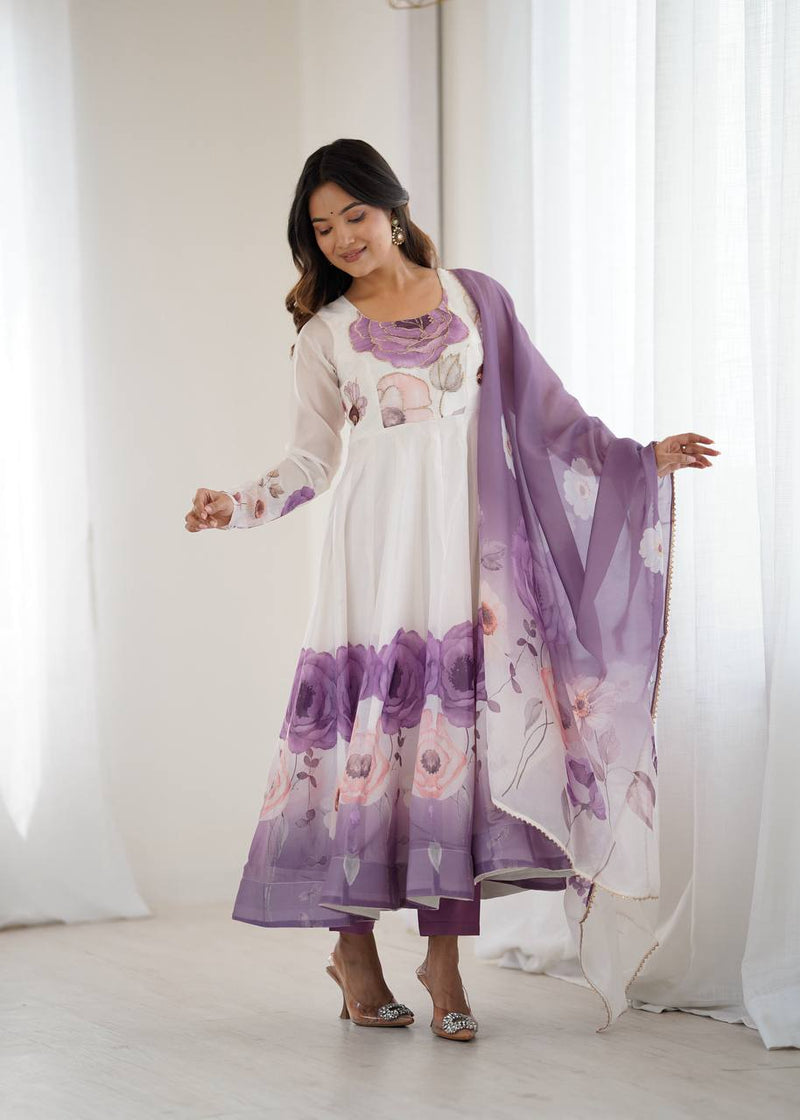 Womenline Violet Color Floral Pure Soft Tebby Organza Three Piece Anarkali Suit