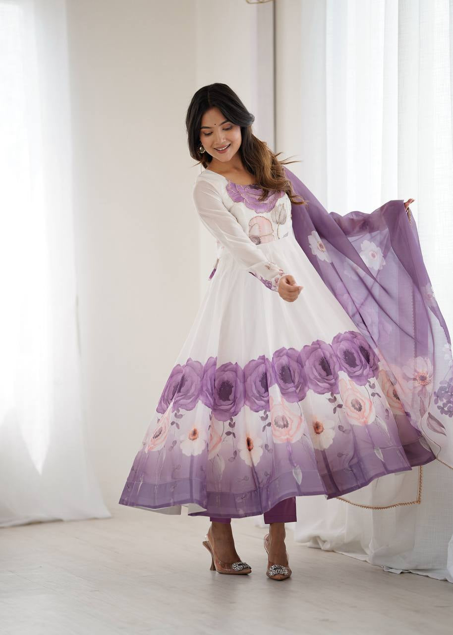 Womenline Violet Color Floral Pure Soft Tebby Organza Three Piece Anarkali Suit