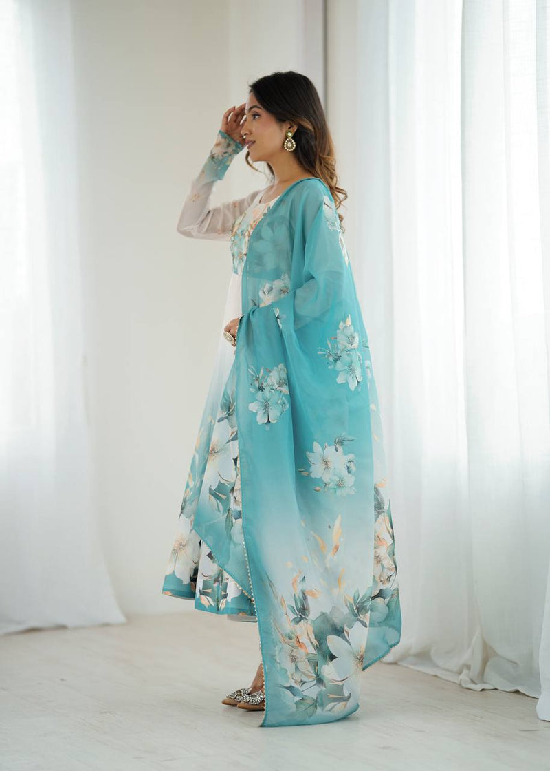 Womenline Aqua Blue Floral Print Organza Three Piece Anarkali Suit
