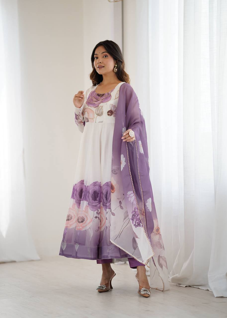 Womenline Violet Color Floral Pure Soft Tebby Organza Three Piece Anarkali Suit