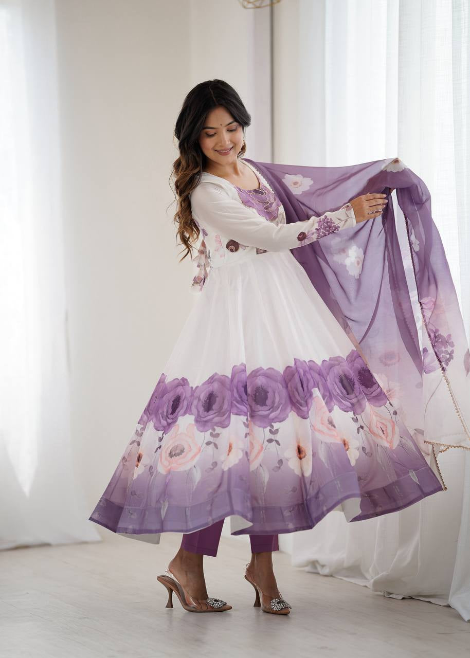 Womenline Violet Color Floral Pure Soft Tebby Organza Three Piece Anarkali Suit