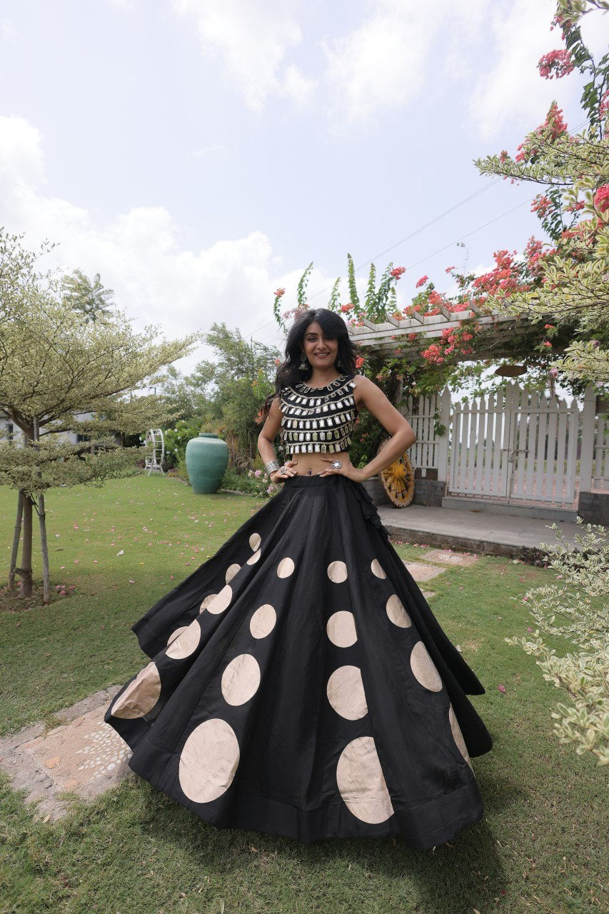 Womenline Black Mirror Work Navratri Lehenga Choli with Statement Circular Skirt