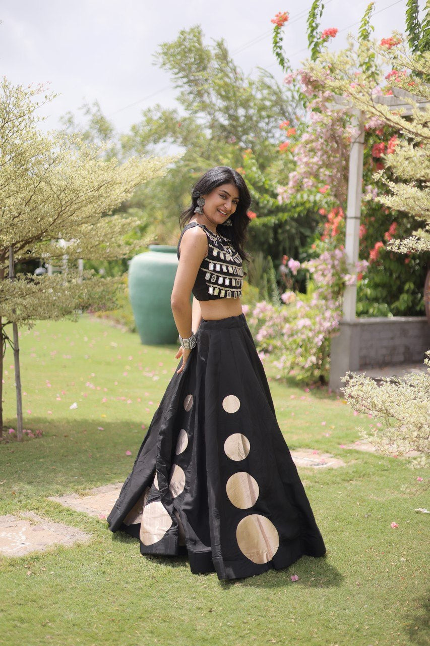 Womenline Black Mirror Work Navratri Lehenga Choli with Statement Circular Skirt