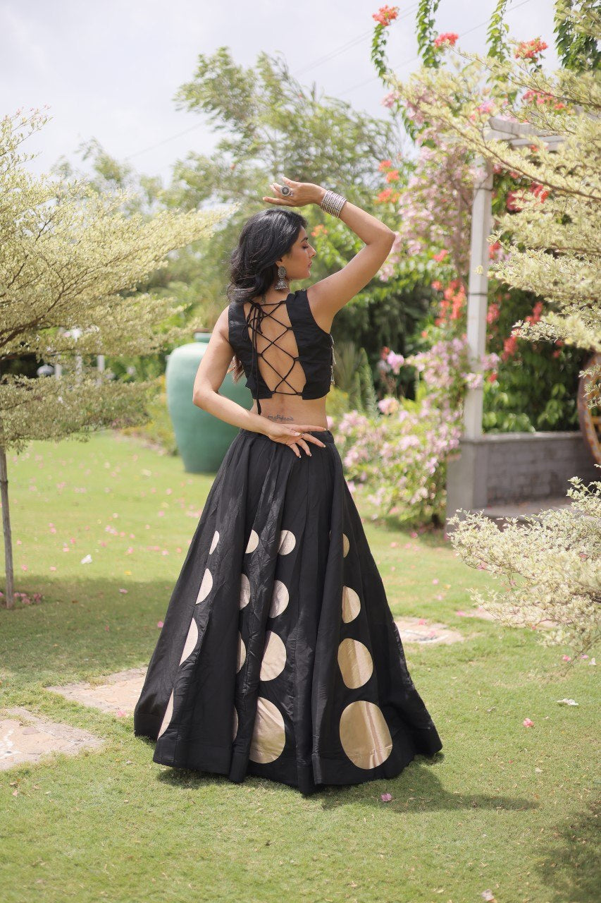 Womenline Black Mirror Work Navratri Lehenga Choli with Statement Circular Skirt