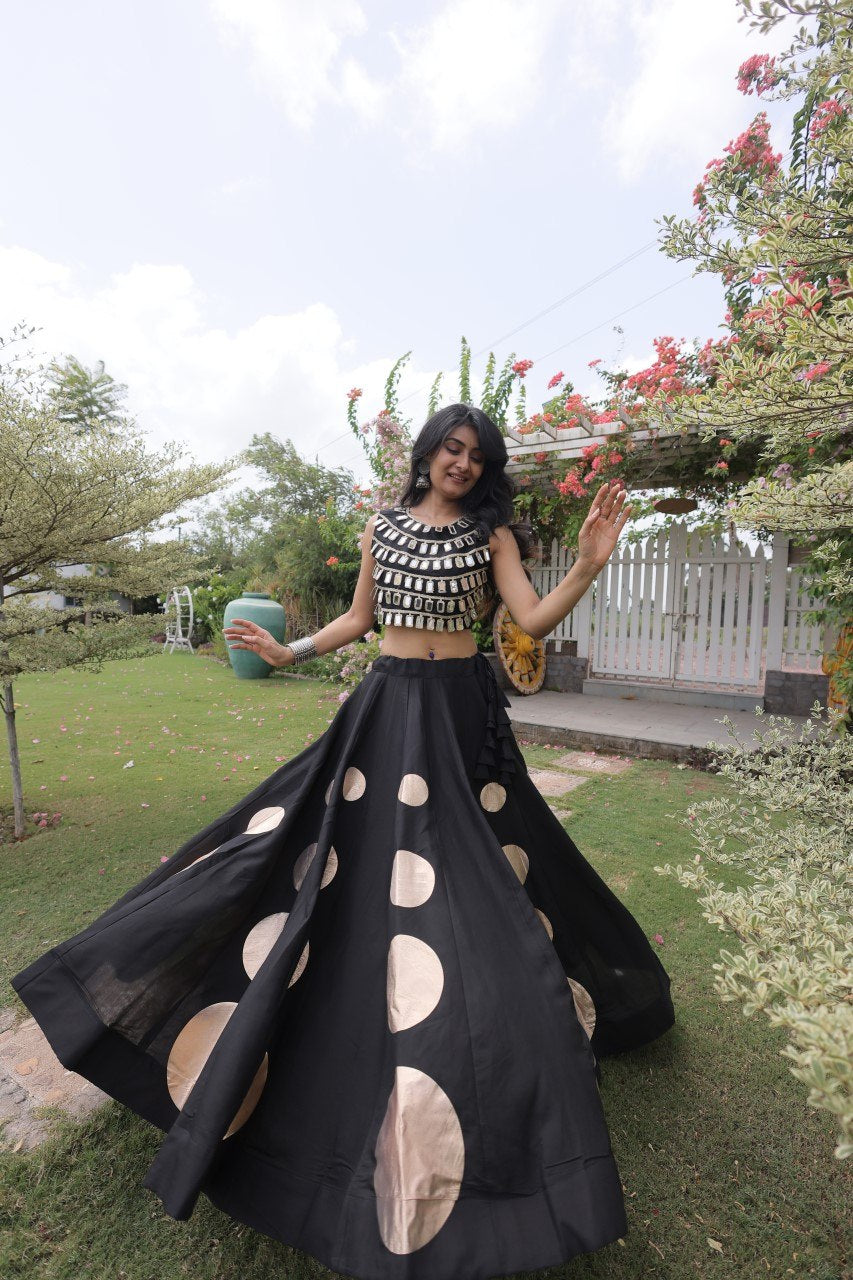Womenline Black Mirror Work Navratri Lehenga Choli with Statement Circular Skirt