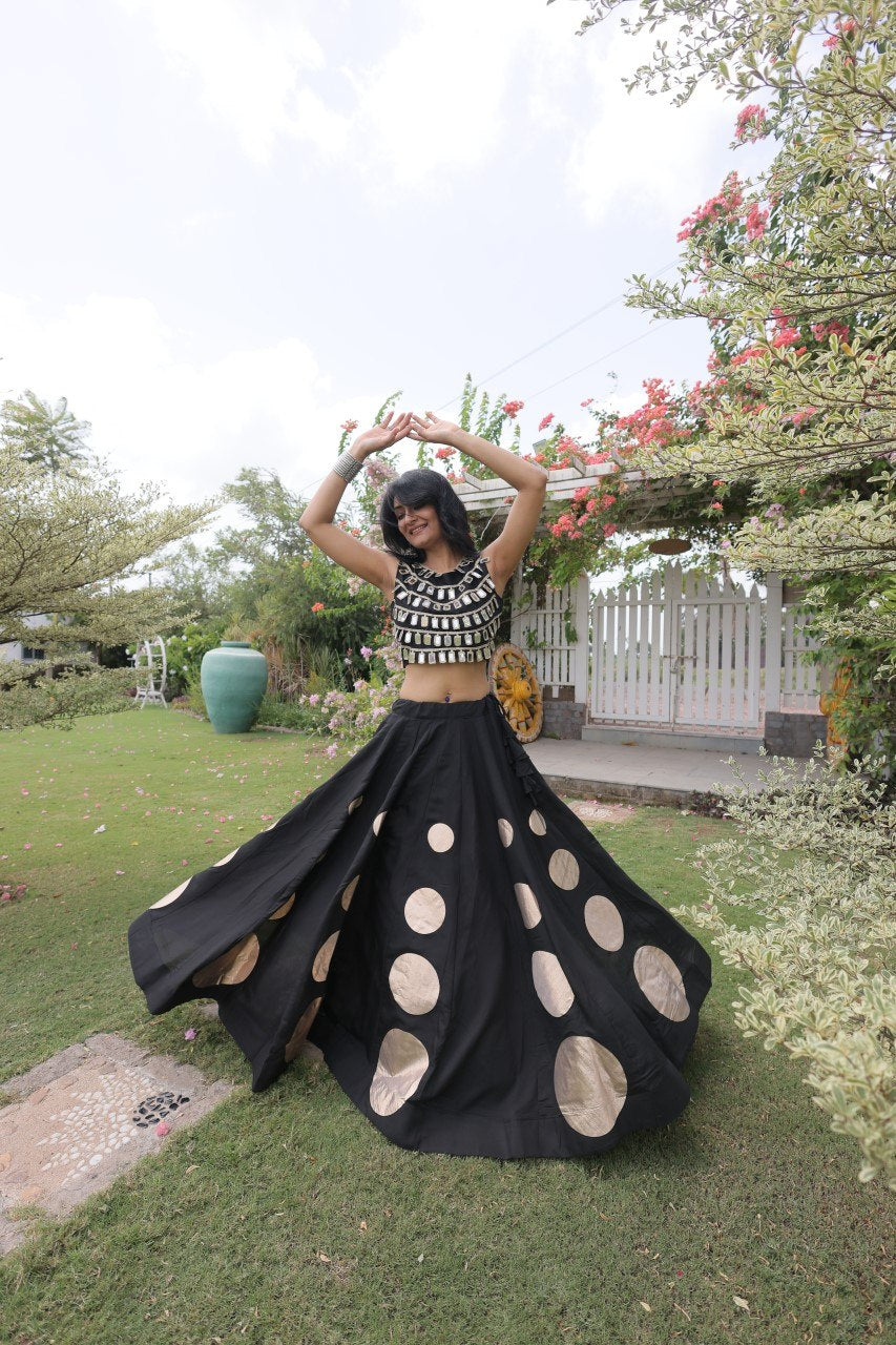 Womenline Black Mirror Work Navratri Lehenga Choli with Statement Circular Skirt