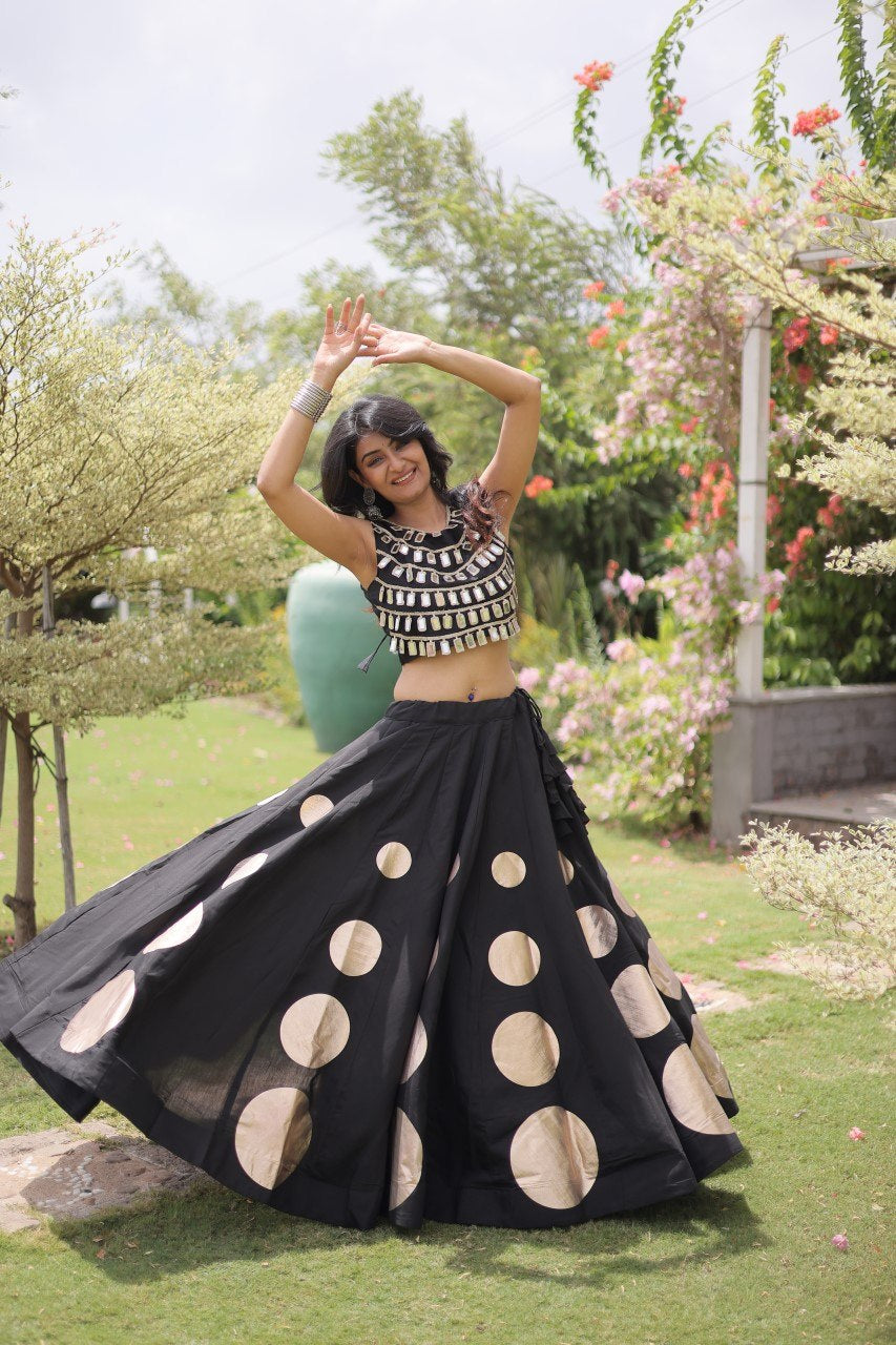 Womenline Black Mirror Work Navratri Lehenga Choli with Statement Circular Skirt