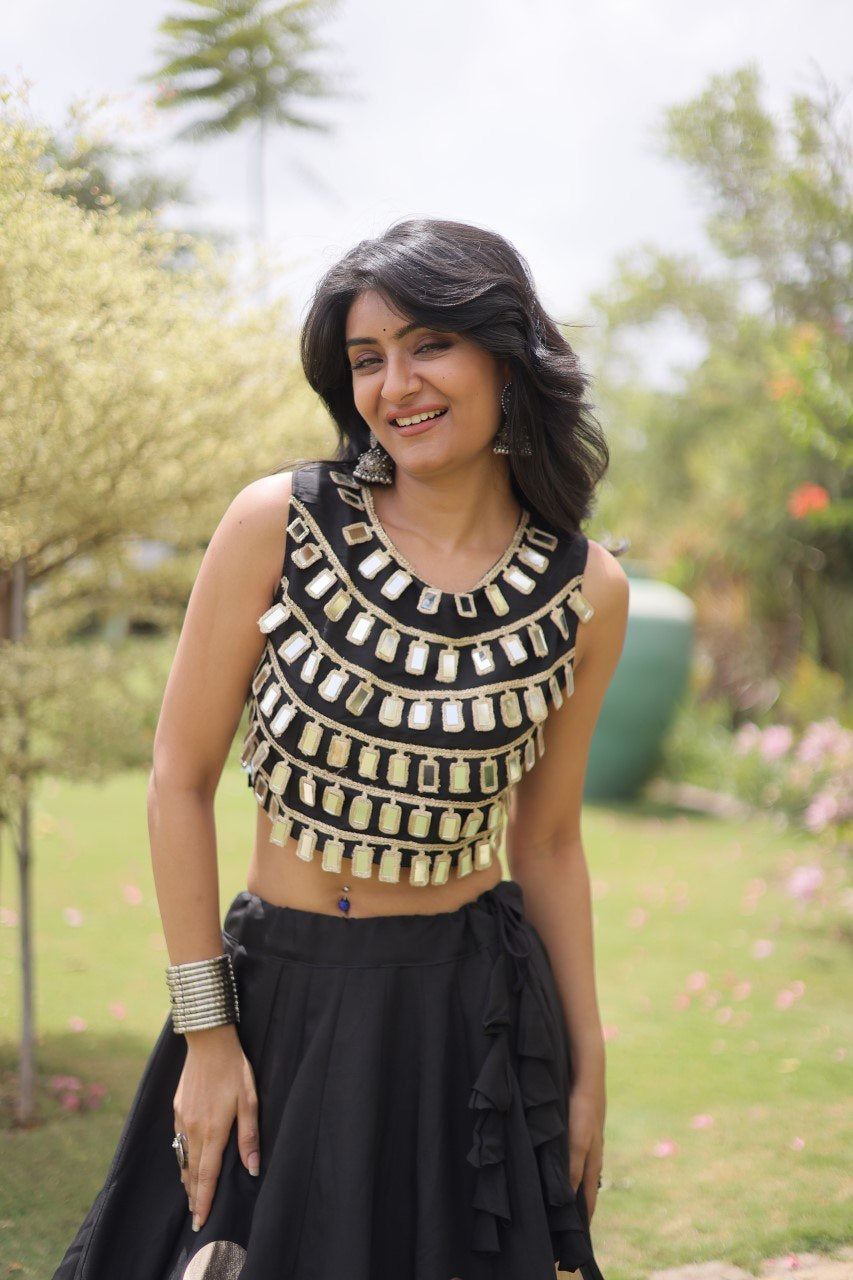Womenline Black Mirror Work Navratri Lehenga Choli with Statement Circular Skirt