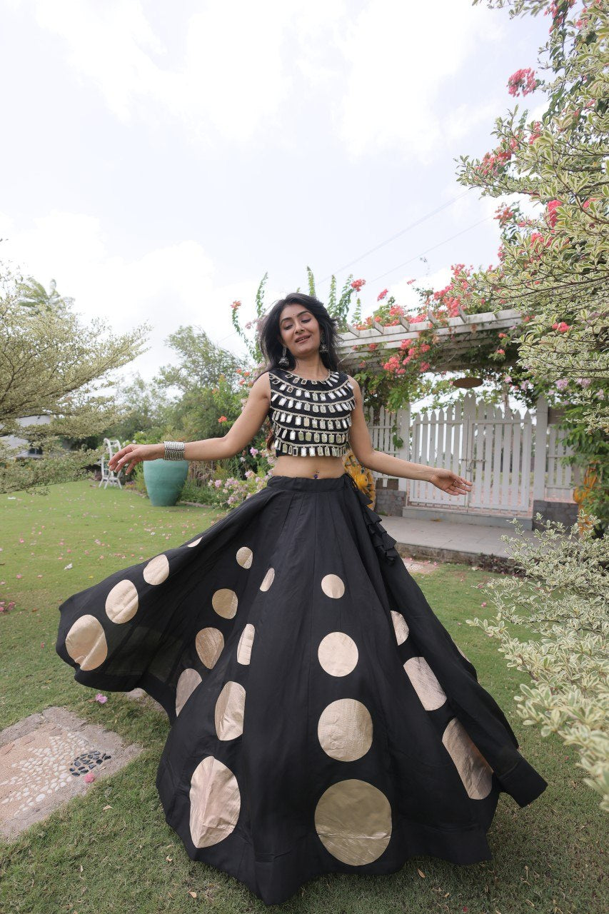Womenline Black Mirror Work Navratri Lehenga Choli with Statement Circular Skirt