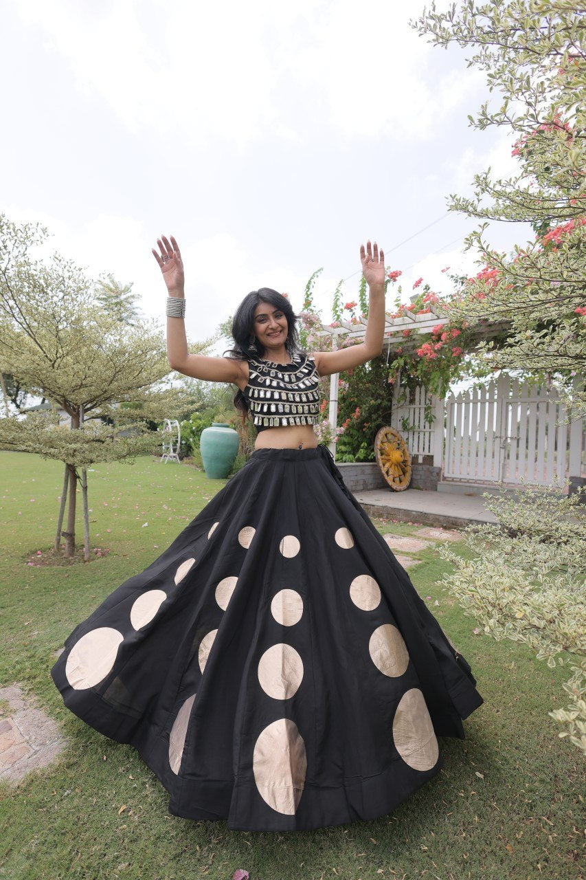 Womenline Black Mirror Work Navratri Lehenga Choli with Statement Circular Skirt