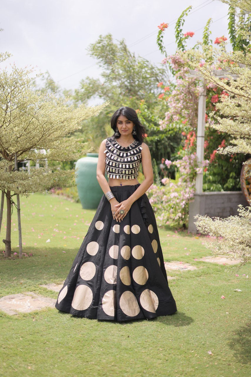 Womenline Black Mirror Work Navratri Lehenga Choli with Statement Circular Skirt