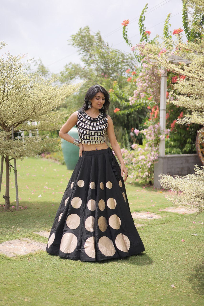 Womenline Black Mirror Work Navratri Lehenga Choli with Statement Circular Skirt