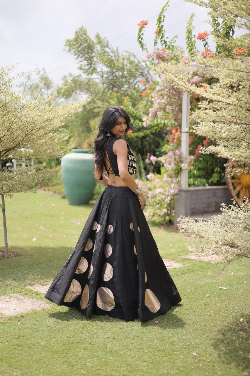 Womenline Black Mirror Work Navratri Lehenga Choli with Statement Circular Skirt