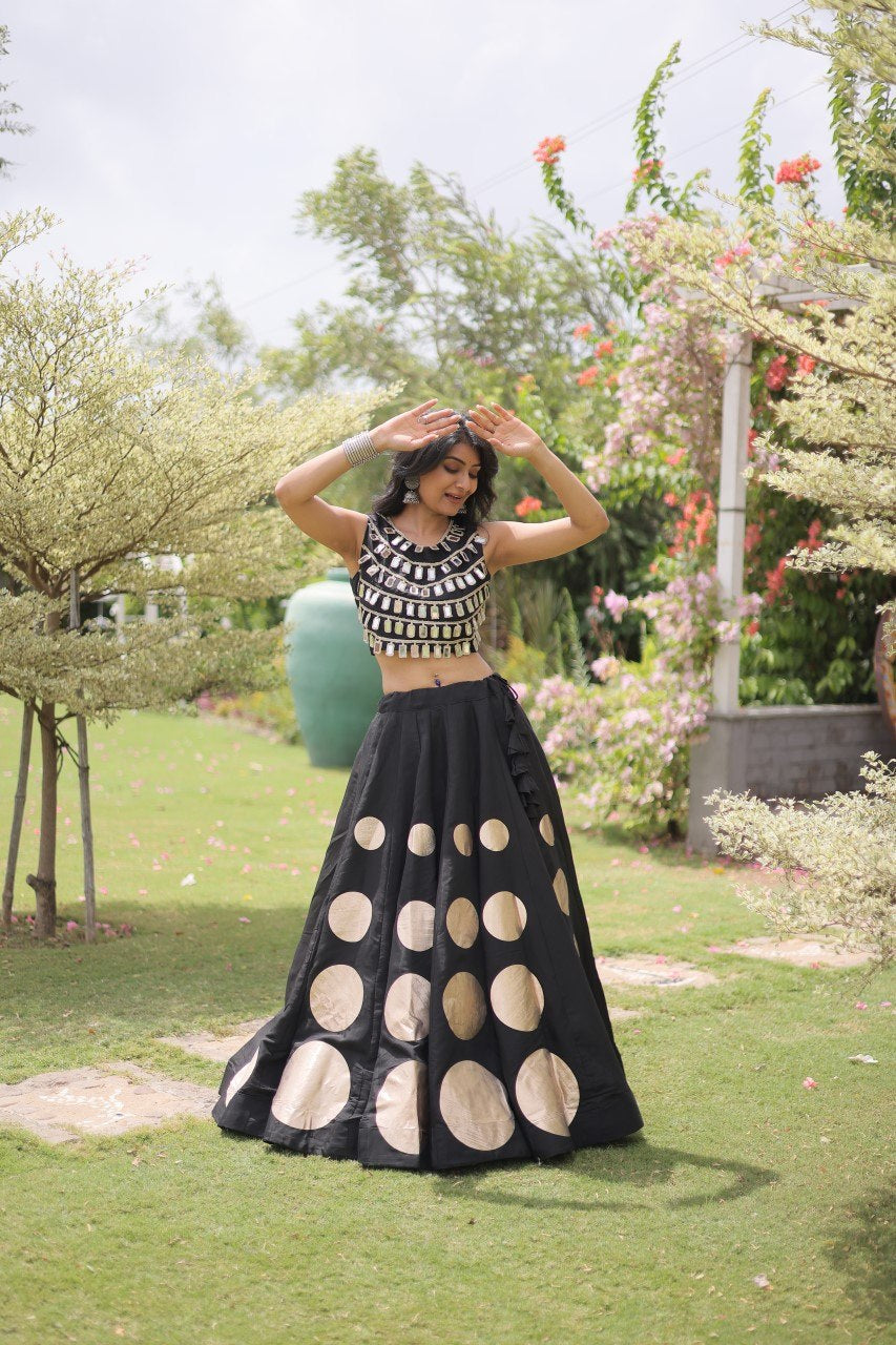 Womenline Black Mirror Work Navratri Lehenga Choli with Statement Circular Skirt