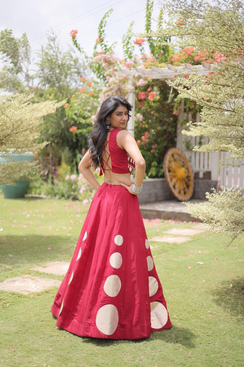 Womenline Ruby Red Mirror Work Navratri Lehenga Choli with Statement Circular Skirt