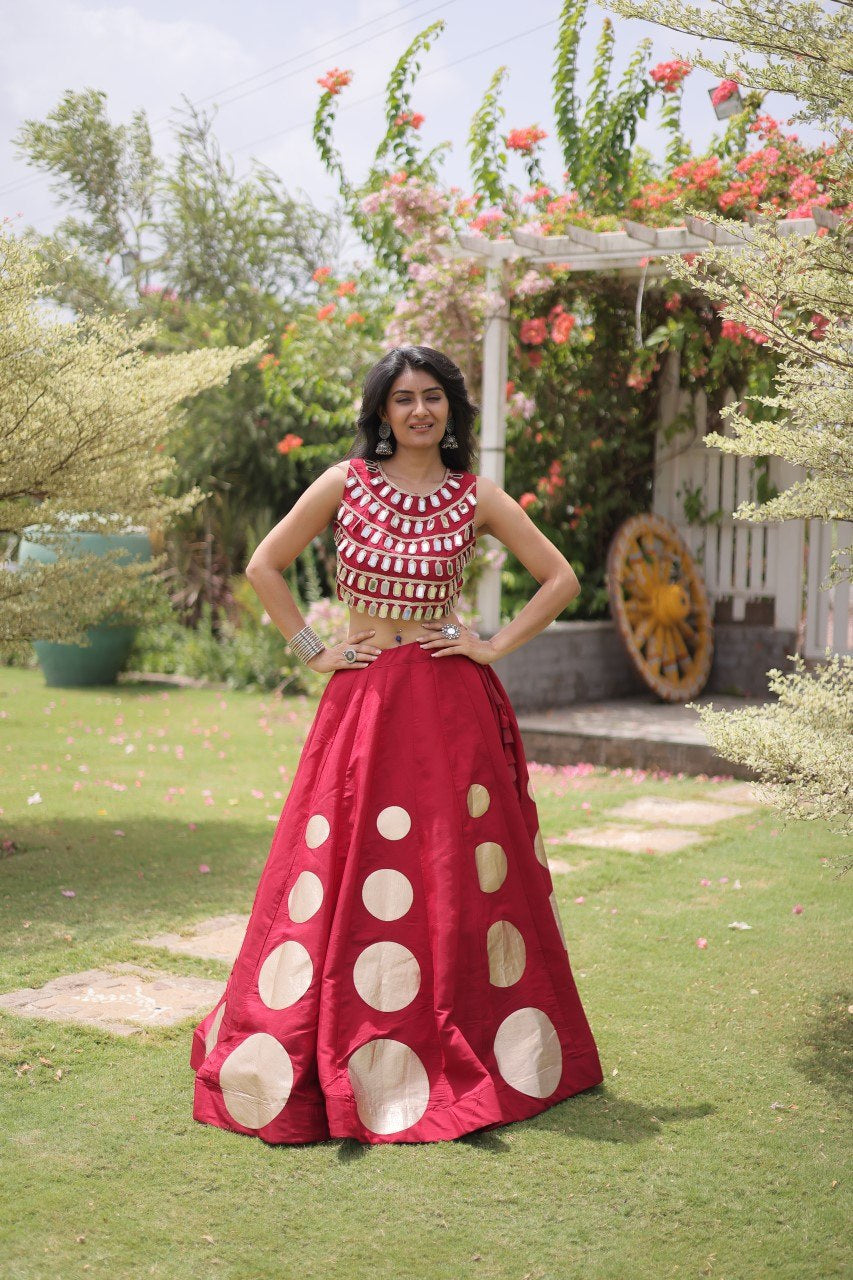 Womenline Ruby Red Mirror Work Navratri Lehenga Choli with Statement Circular Skirt