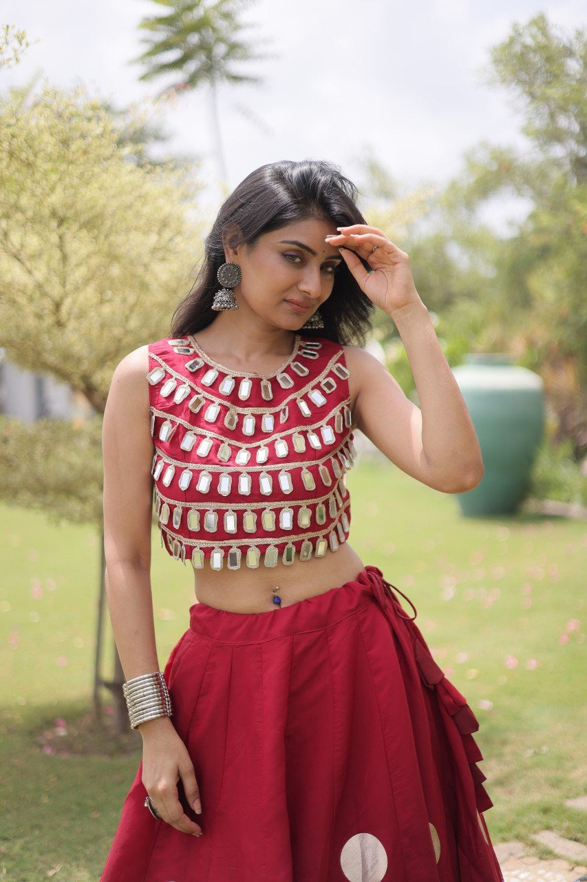 Womenline Ruby Red Mirror Work Navratri Lehenga Choli with Statement Circular Skirt