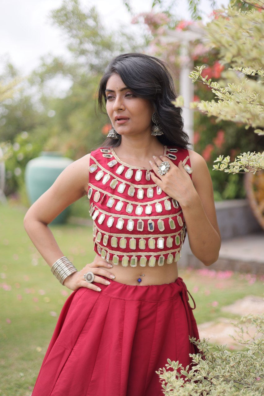 Womenline Ruby Red Mirror Work Navratri Lehenga Choli with Statement Circular Skirt