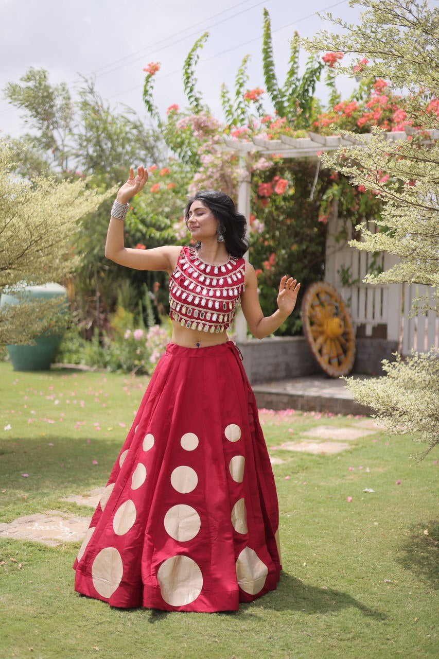 Womenline Ruby Red Mirror Work Navratri Lehenga Choli with Statement Circular Skirt