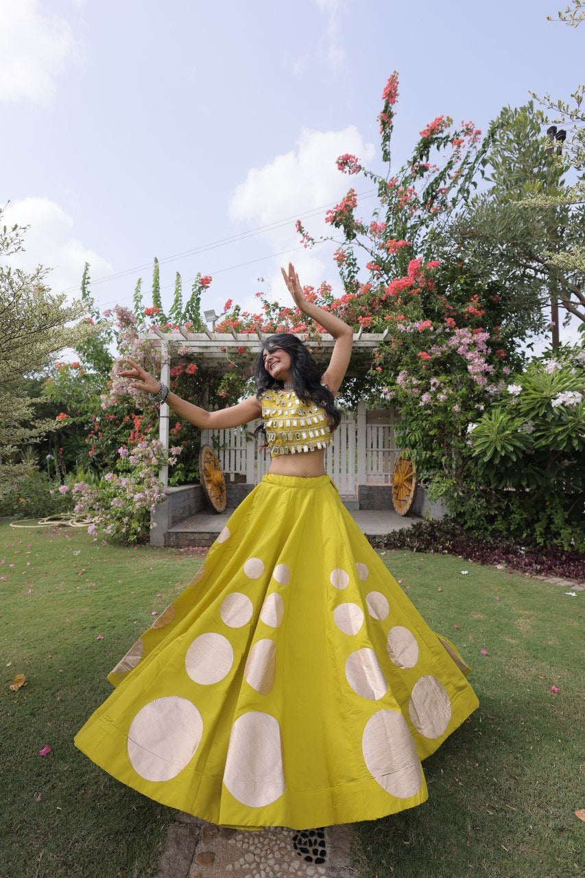 Womenline Sunflower Yellow Mirror Work Navratri Lehenga Choli with Statement Circular Skirt