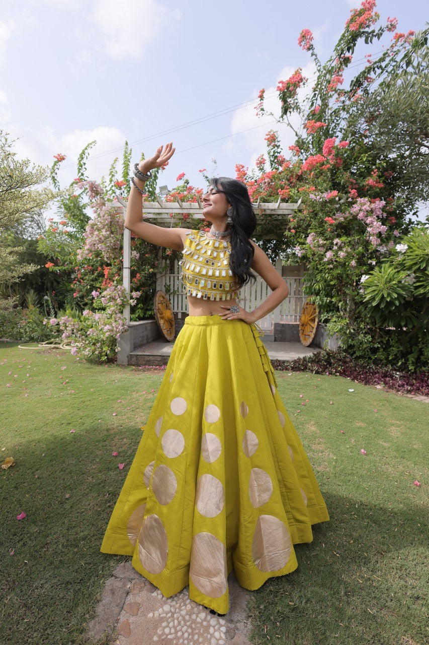 Womenline Sunflower Yellow Mirror Work Navratri Lehenga Choli with Statement Circular Skirt