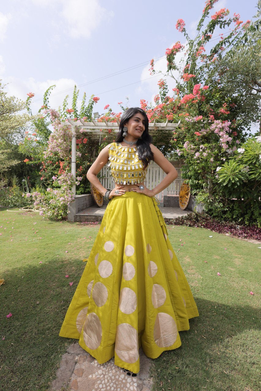 Womenline Sunflower Yellow Mirror Work Navratri Lehenga Choli with Statement Circular Skirt