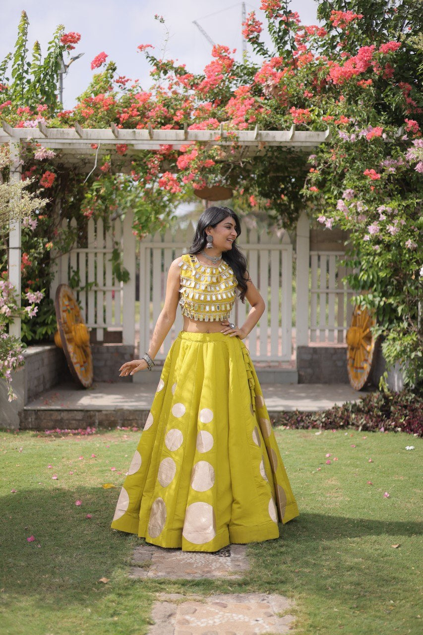 Womenline Sunflower Yellow Mirror Work Navratri Lehenga Choli with Statement Circular Skirt