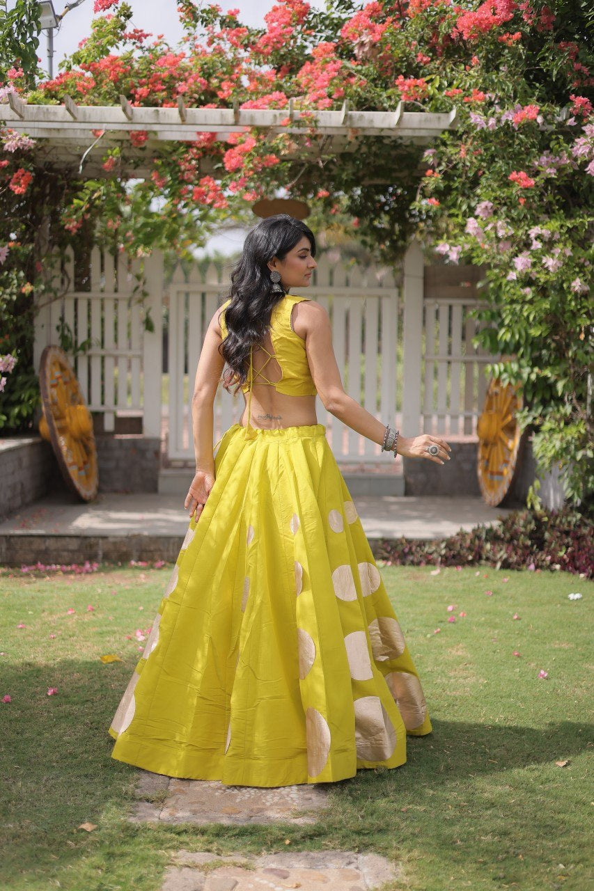 Womenline Sunflower Yellow Mirror Work Navratri Lehenga Choli with Statement Circular Skirt