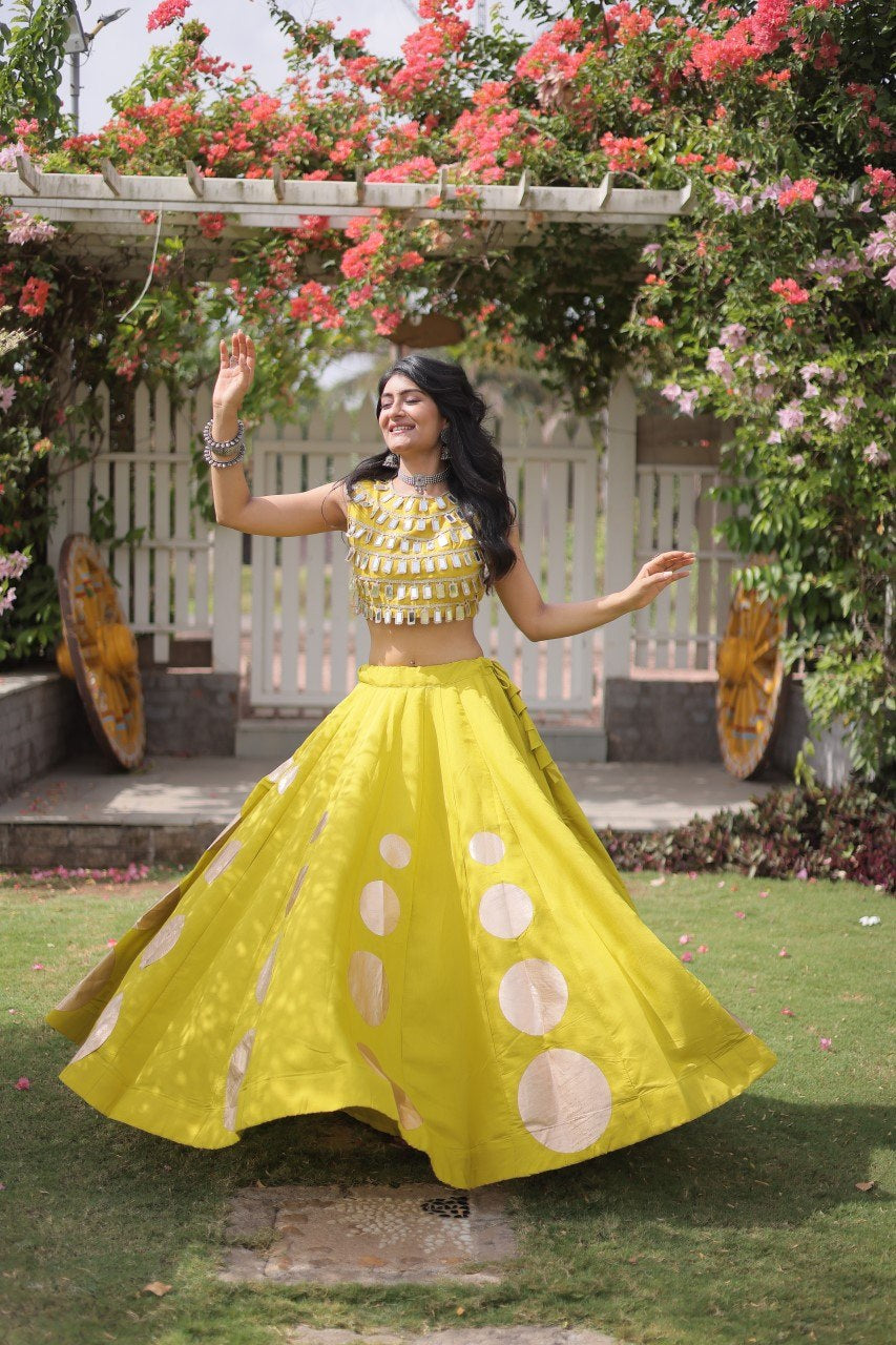 Womenline Sunflower Yellow Mirror Work Navratri Lehenga Choli with Statement Circular Skirt