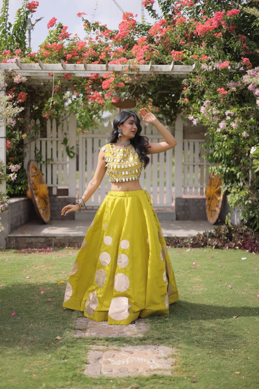 Womenline Sunflower Yellow Mirror Work Navratri Lehenga Choli with Statement Circular Skirt
