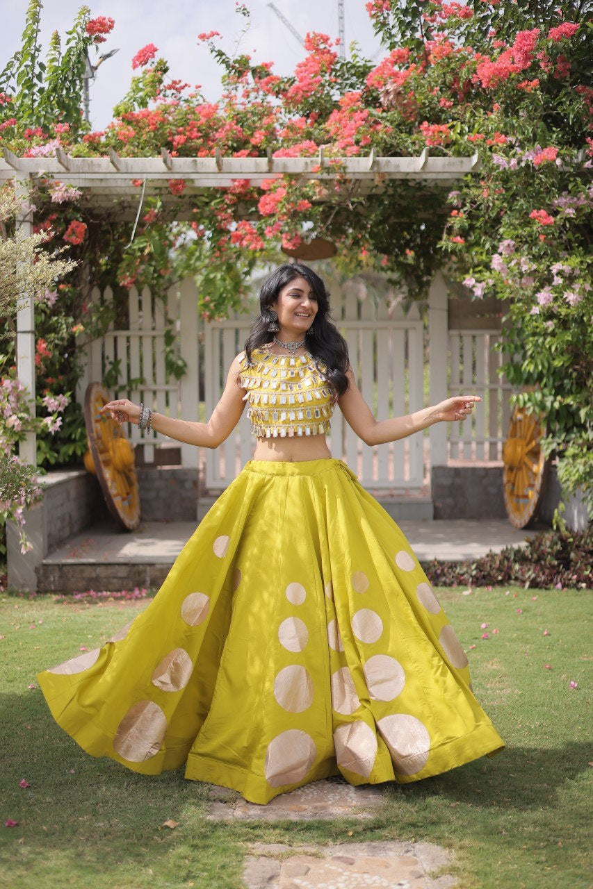 Womenline Sunflower Yellow Mirror Work Navratri Lehenga Choli with Statement Circular Skirt
