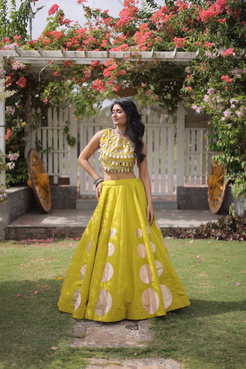 Womenline Sunflower Yellow Mirror Work Navratri Lehenga Choli with Statement Circular Skirt