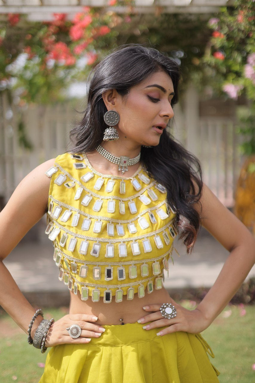 Womenline Sunflower Yellow Mirror Work Navratri Lehenga Choli with Statement Circular Skirt