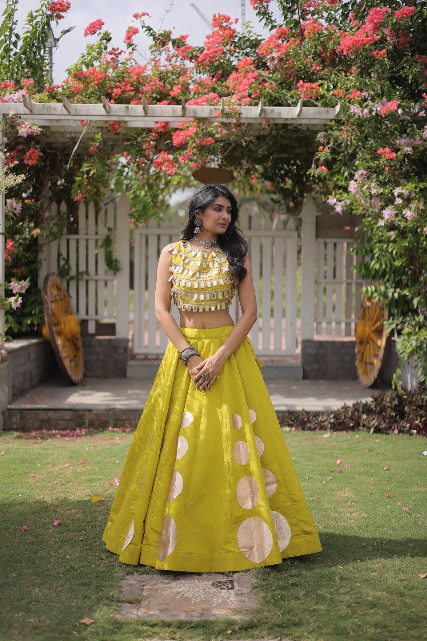 Womenline Sunflower Yellow Mirror Work Navratri Lehenga Choli with Statement Circular Skirt