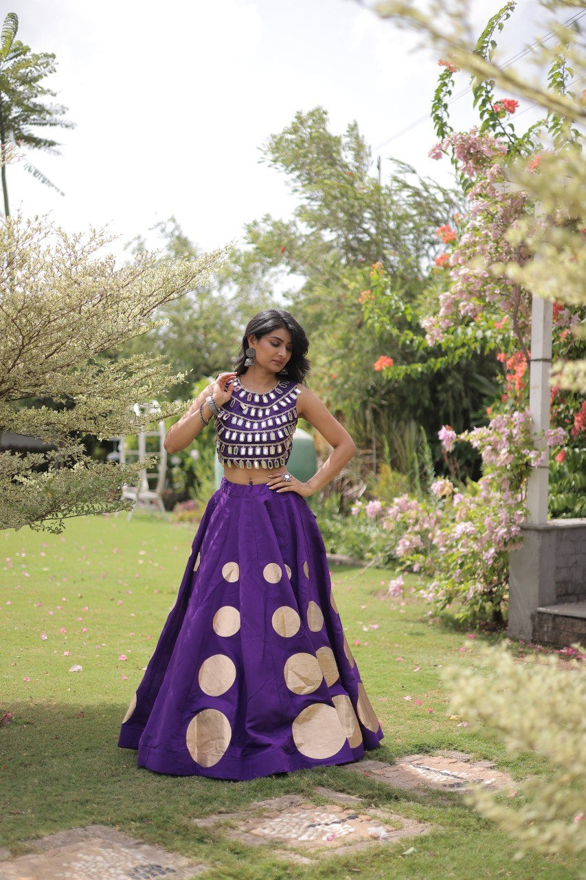 Womenline Royal Purple Mirror Work Navratri Lehenga Choli with Statement Circular Skirt
