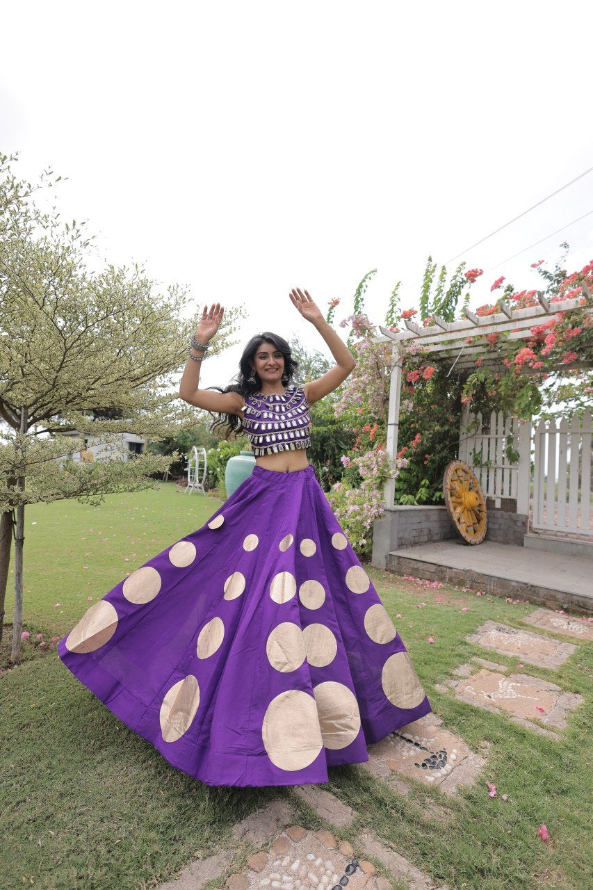 Womenline Royal Purple Mirror Work Navratri Lehenga Choli with Statement Circular Skirt