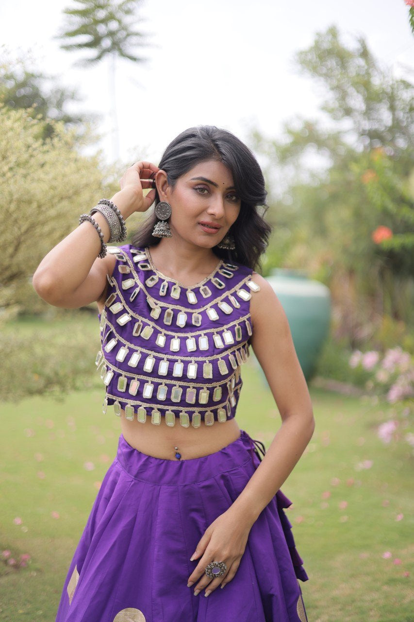 Womenline Royal Purple Mirror Work Navratri Lehenga Choli with Statement Circular Skirt